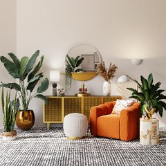 ljust vardagsrum med växter och orange fåtölj